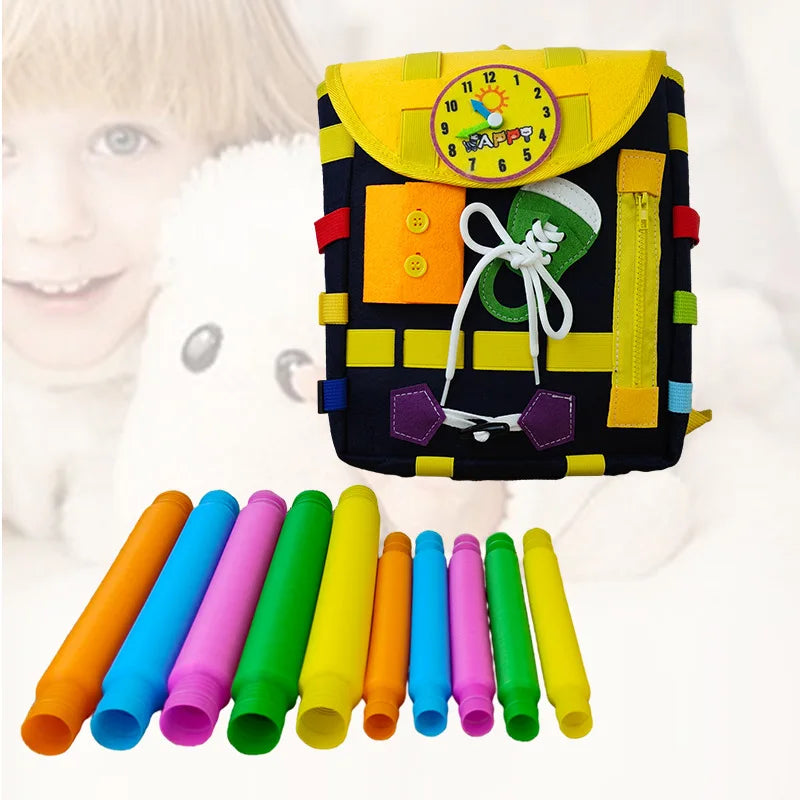 Montessori Felt Backpack for Toddlers with Buckles Zippers Busy Board Sensory Toys Learning Activity Fine Motor Skills Travel