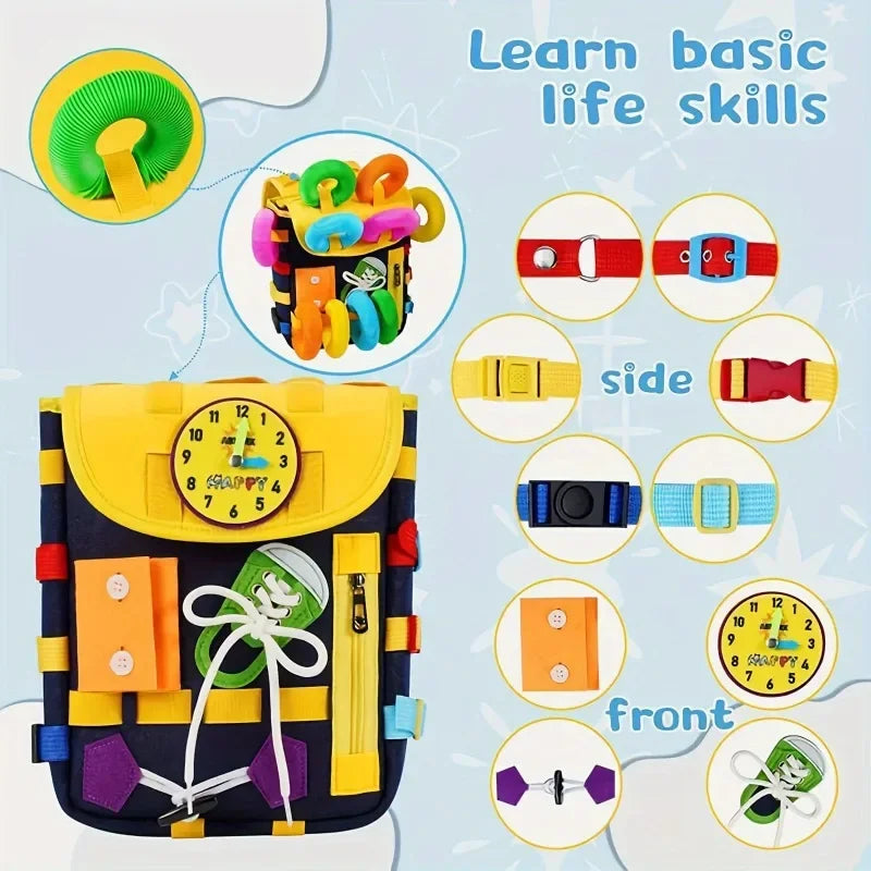Montessori Felt Backpack for Toddlers with Buckles Zippers Busy Board Sensory Toys Learning Activity Fine Motor Skills Travel