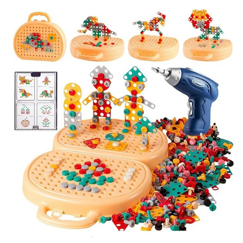 DELAM-3D Play Toolbox  With Electric Drill Mosaic Puzzle Tool Set Early Education  Toolbox For 3-12 Year Old Kids Durable