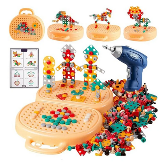 DELAM-3D Play Toolbox  With Electric Drill Mosaic Puzzle Tool Set Early Education  Toolbox For 3-12 Year Old Kids Durable